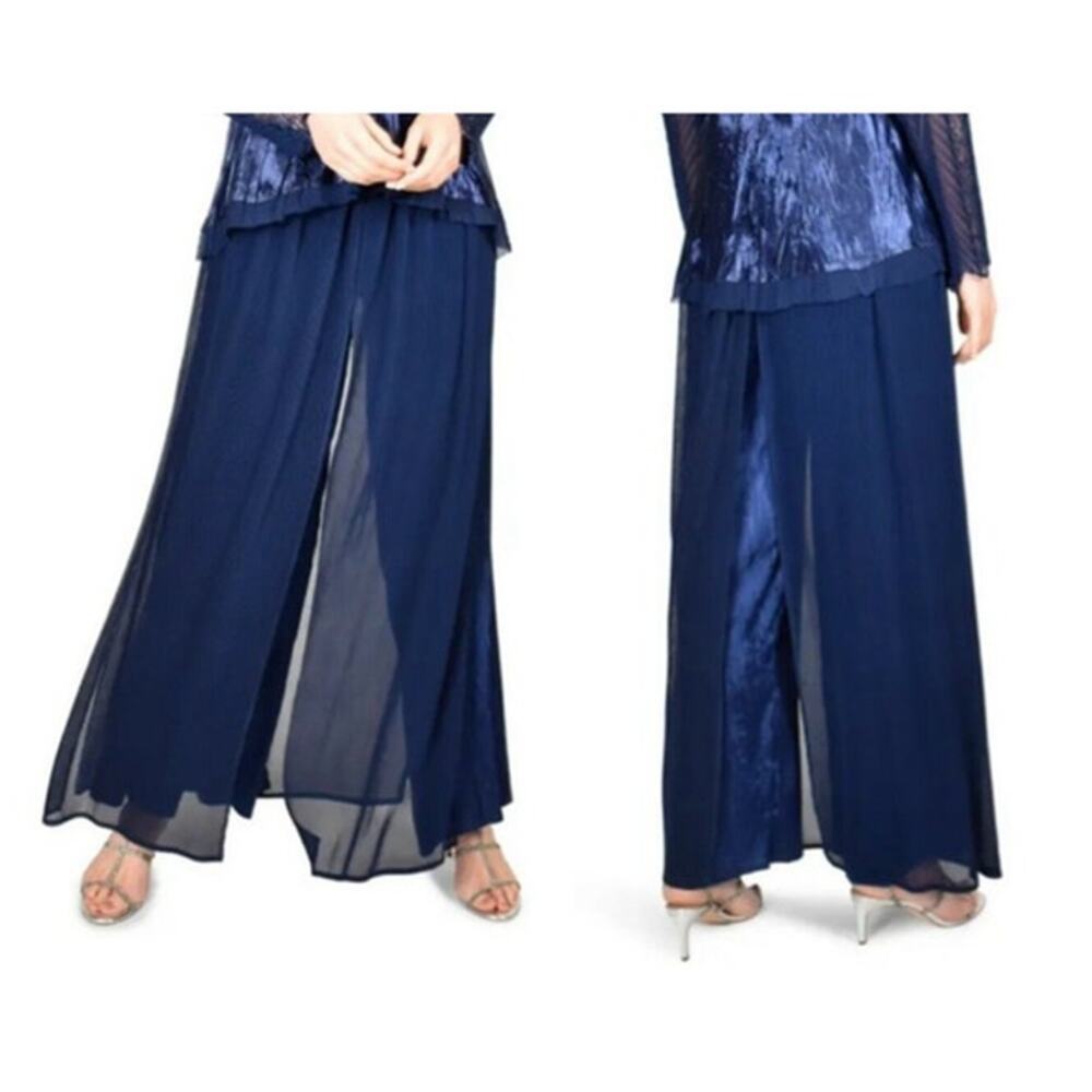 Komarov Dress Navy Pleated Wide Leg Pants Women M Crinkle Plisse Silky